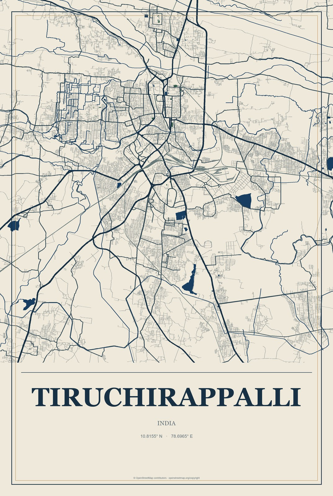 Tiruchirappalli, India City Map Aluminum Sign in Coastal Cutout style