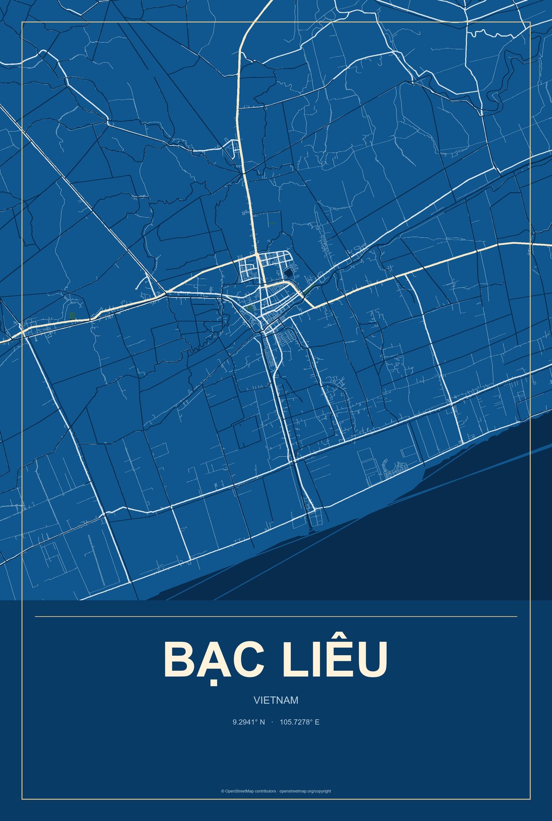 Bạc Liêu, Vietnam City Map Aluminum Sign in Harbor Cobalt style