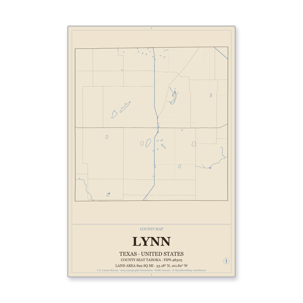 Lynn County, Texas Map Aluminum Sign in Heritage Nautical style