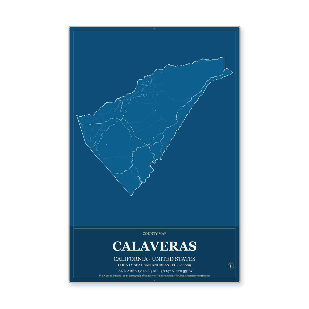 Calaveras County, California Map Aluminum Sign in Harbor Cobalt style
