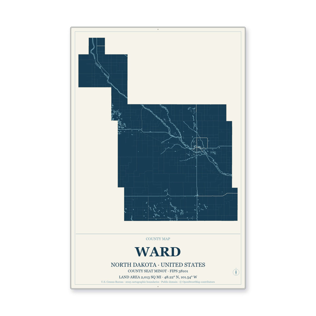 Ward County, North Dakota Map Aluminum Sign in Coastal Cutout style