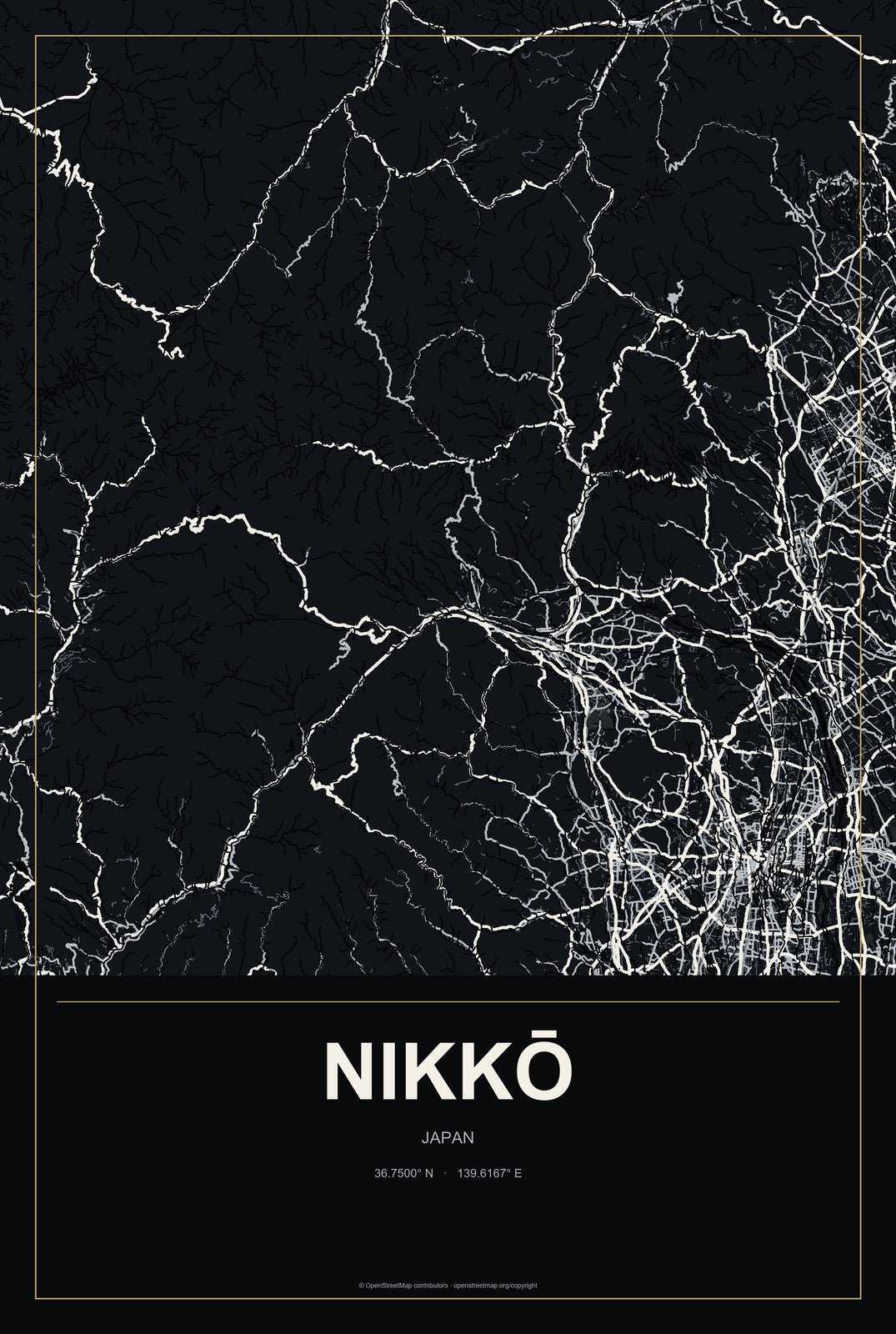 Nikkō, Japan City Map Aluminum Sign in Metropolitan Noir style