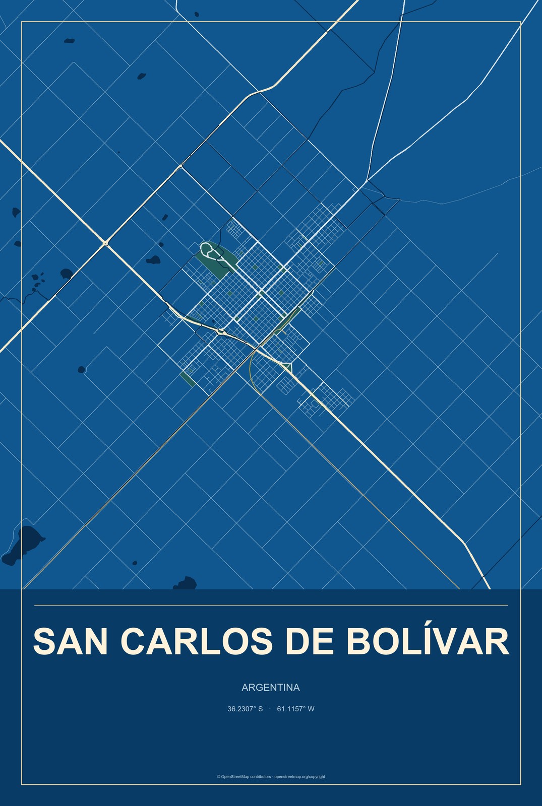 San Carlos de Bolívar, Argentina City Map Aluminum Sign in Harbor Cobalt style