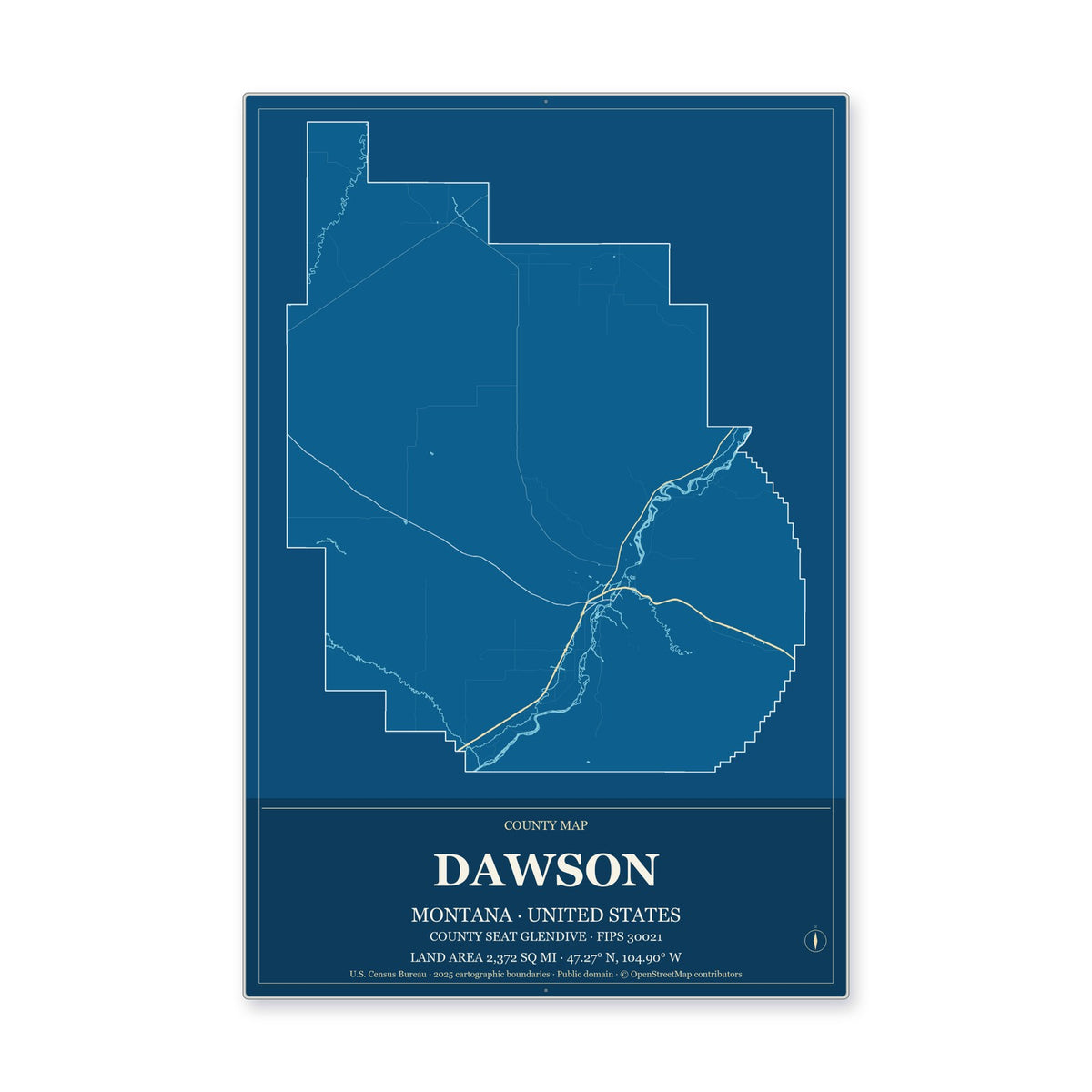 Dawson County, Montana Map Aluminum Sign in Harbor Cobalt style