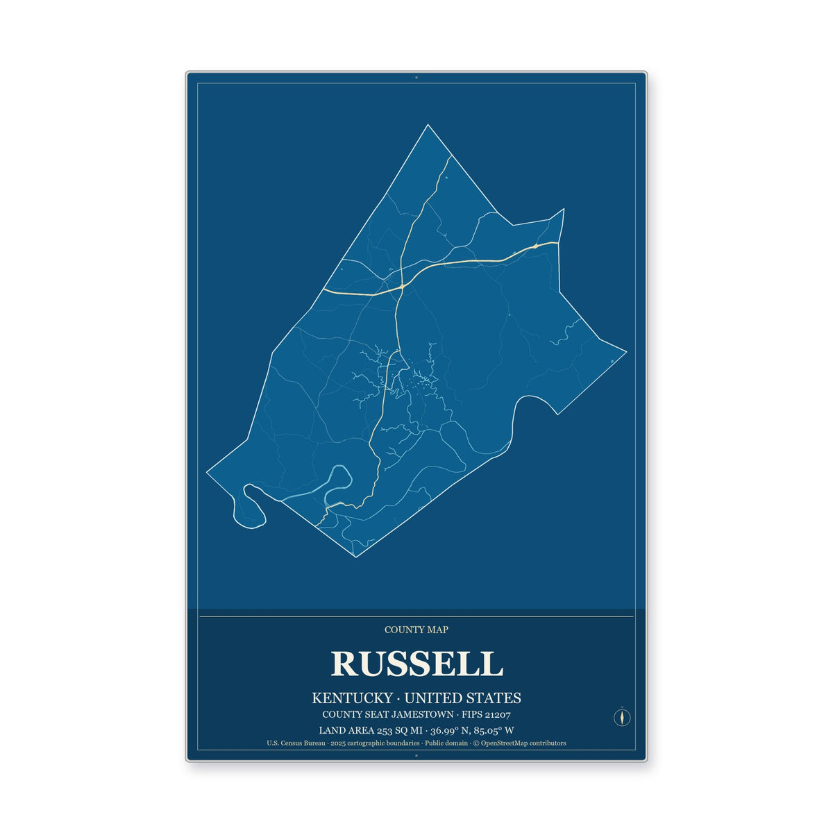 Russell County, Kentucky Map Aluminum Sign in Harbor Cobalt style