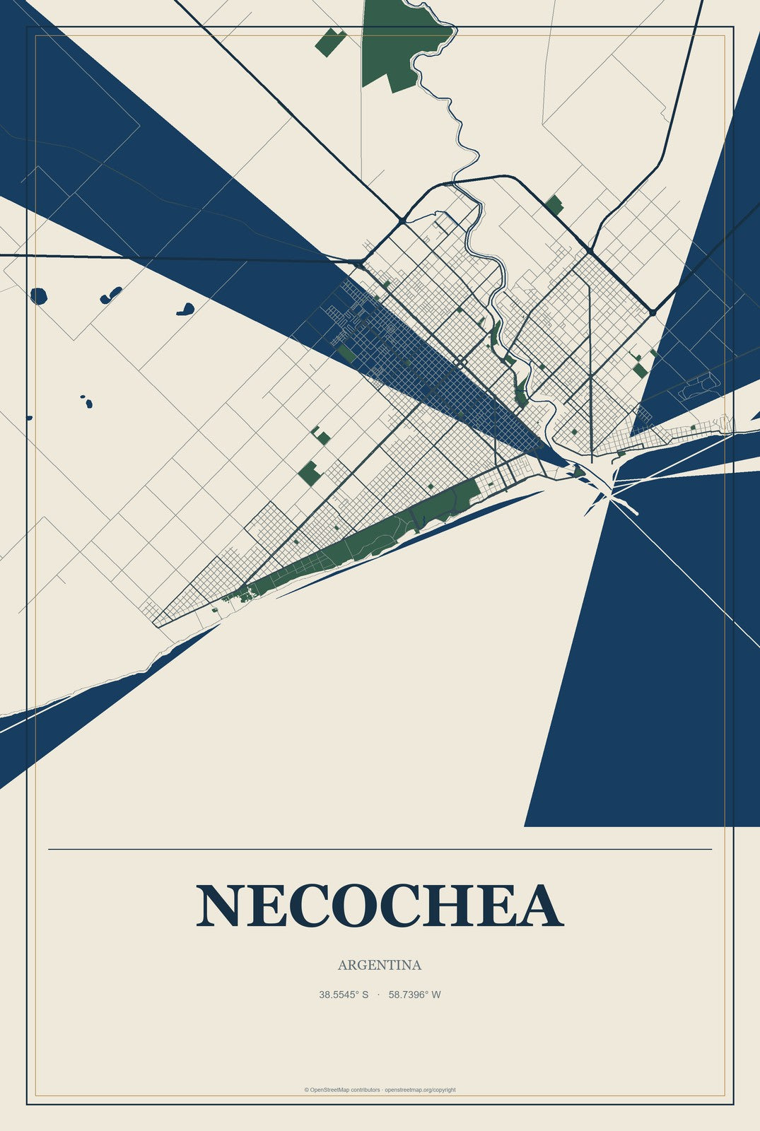 Necochea, Argentina City Map Aluminum Sign in Coastal Cutout style