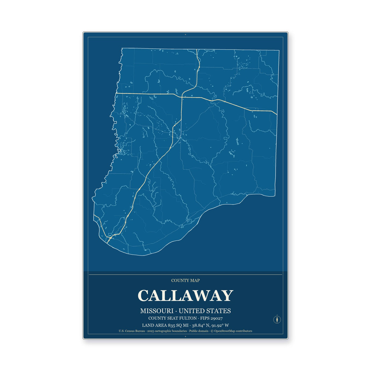 Callaway County, Missouri Map Aluminum Sign in Harbor Cobalt style