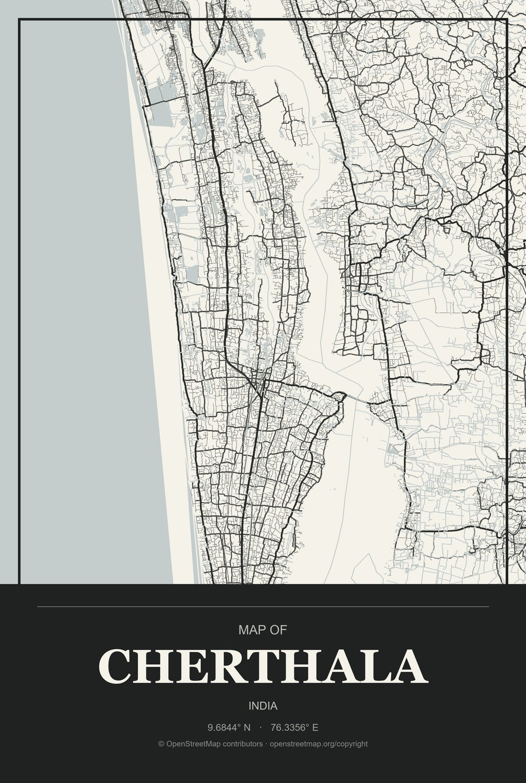 Cherthala, India City Map Aluminum Sign in Museum Plaque style
