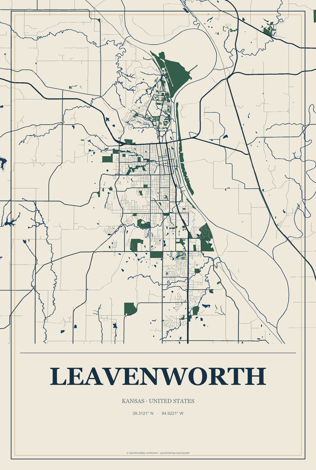 Leavenworth, Kansas City Map Aluminum Sign in Coastal Cutout style
