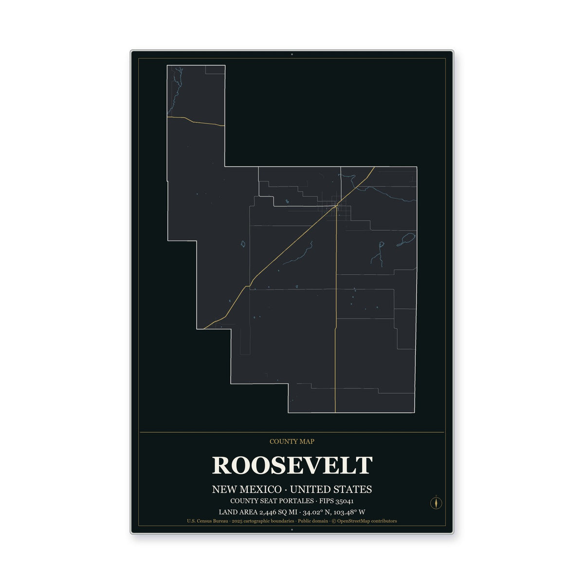 Roosevelt County, New Mexico Map Aluminum Sign in Metropolitan Noir style