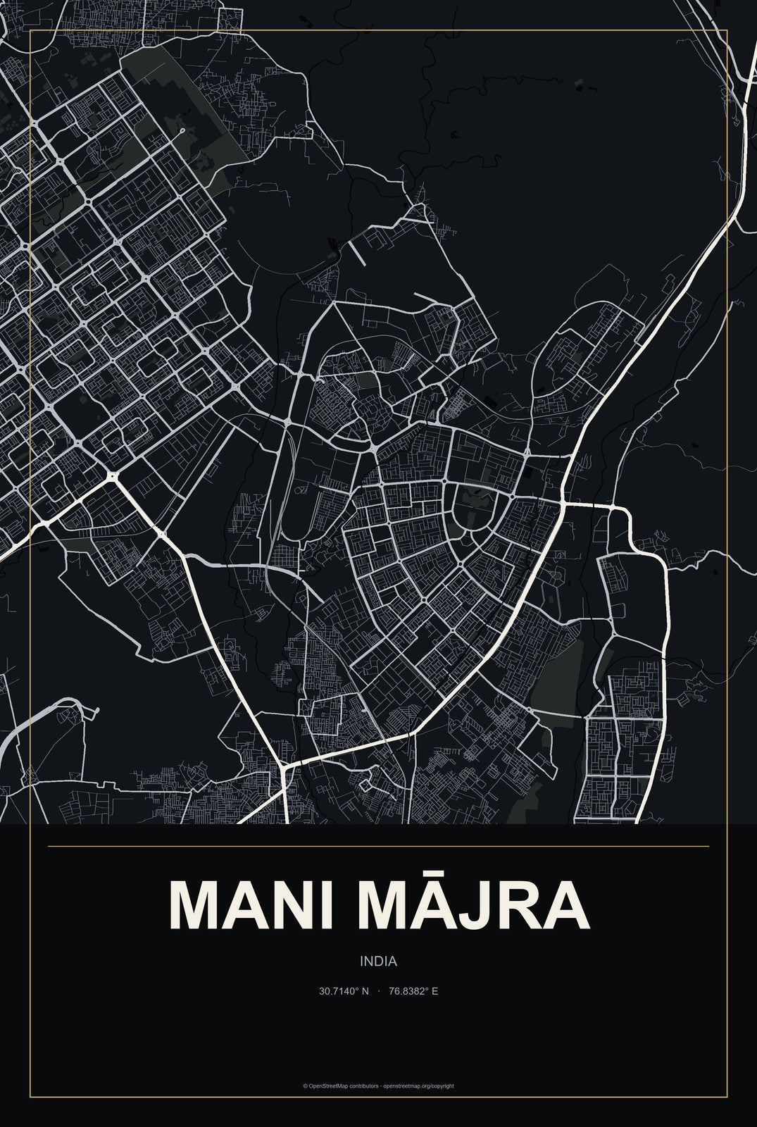 Mani Mājra, India City Map Aluminum Sign in Metropolitan Noir style
