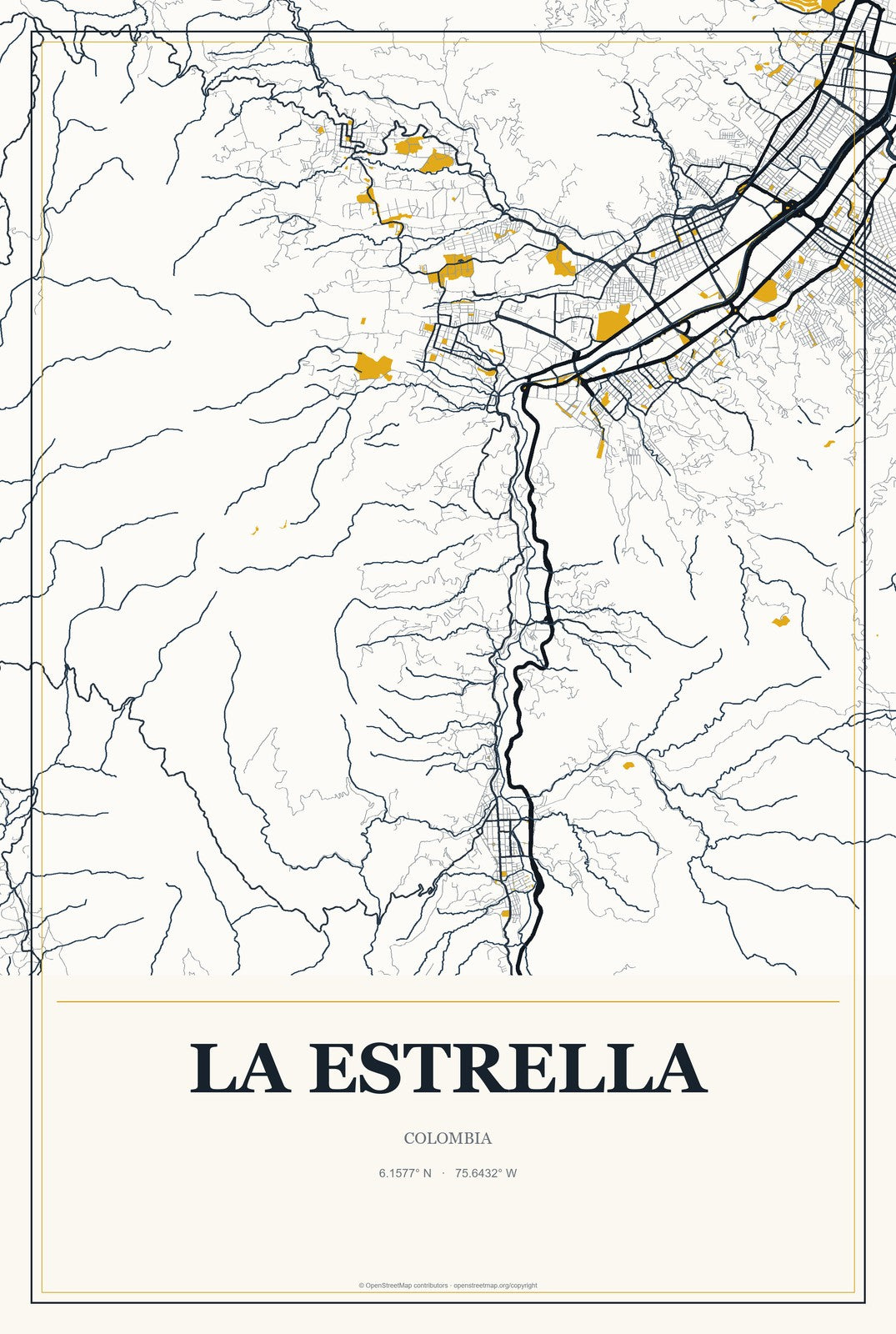 La Estrella, Colombia City Map Aluminum Sign in Citrine Modern style
