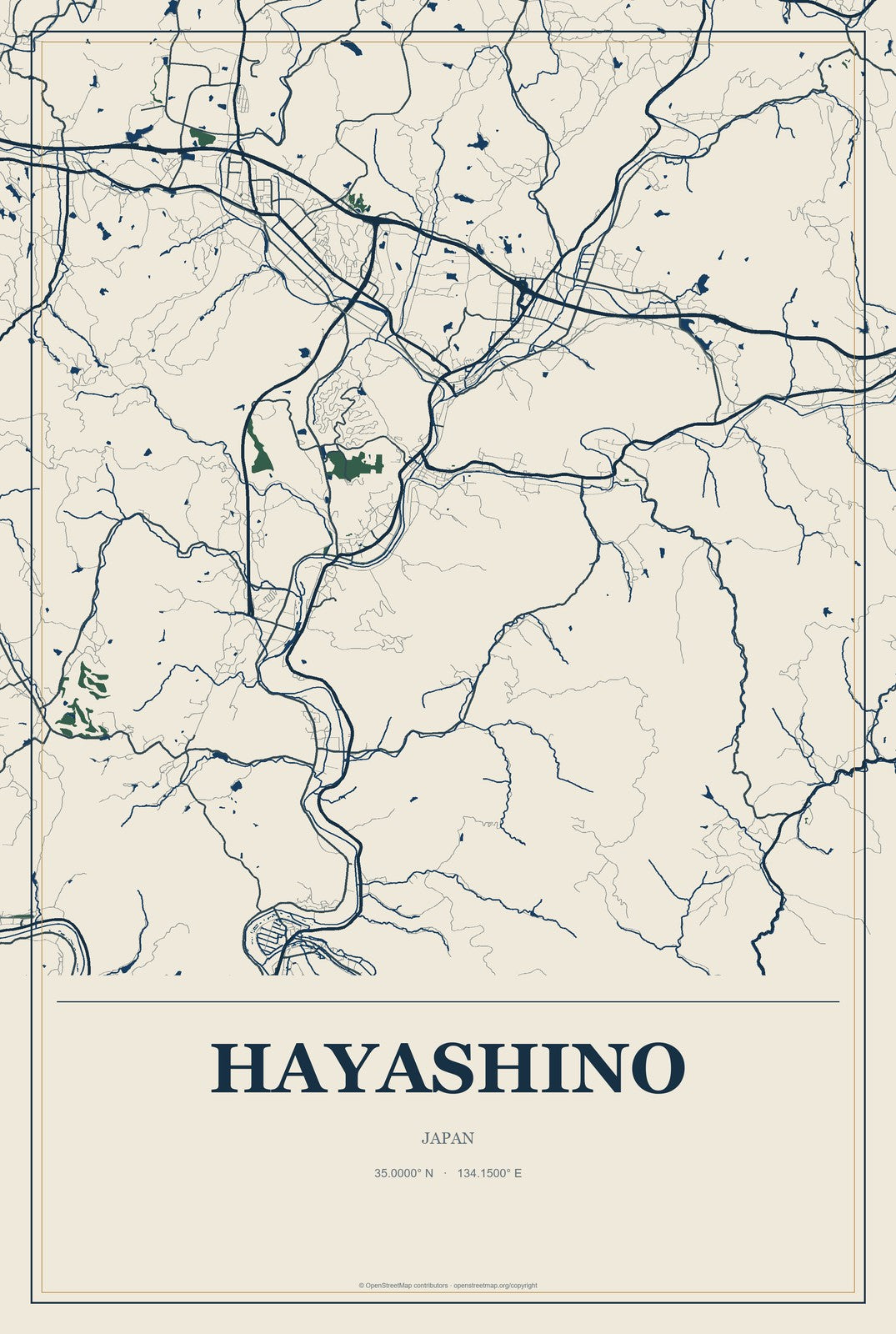 Hayashino, Japan City Map Aluminum Sign in Coastal Cutout style