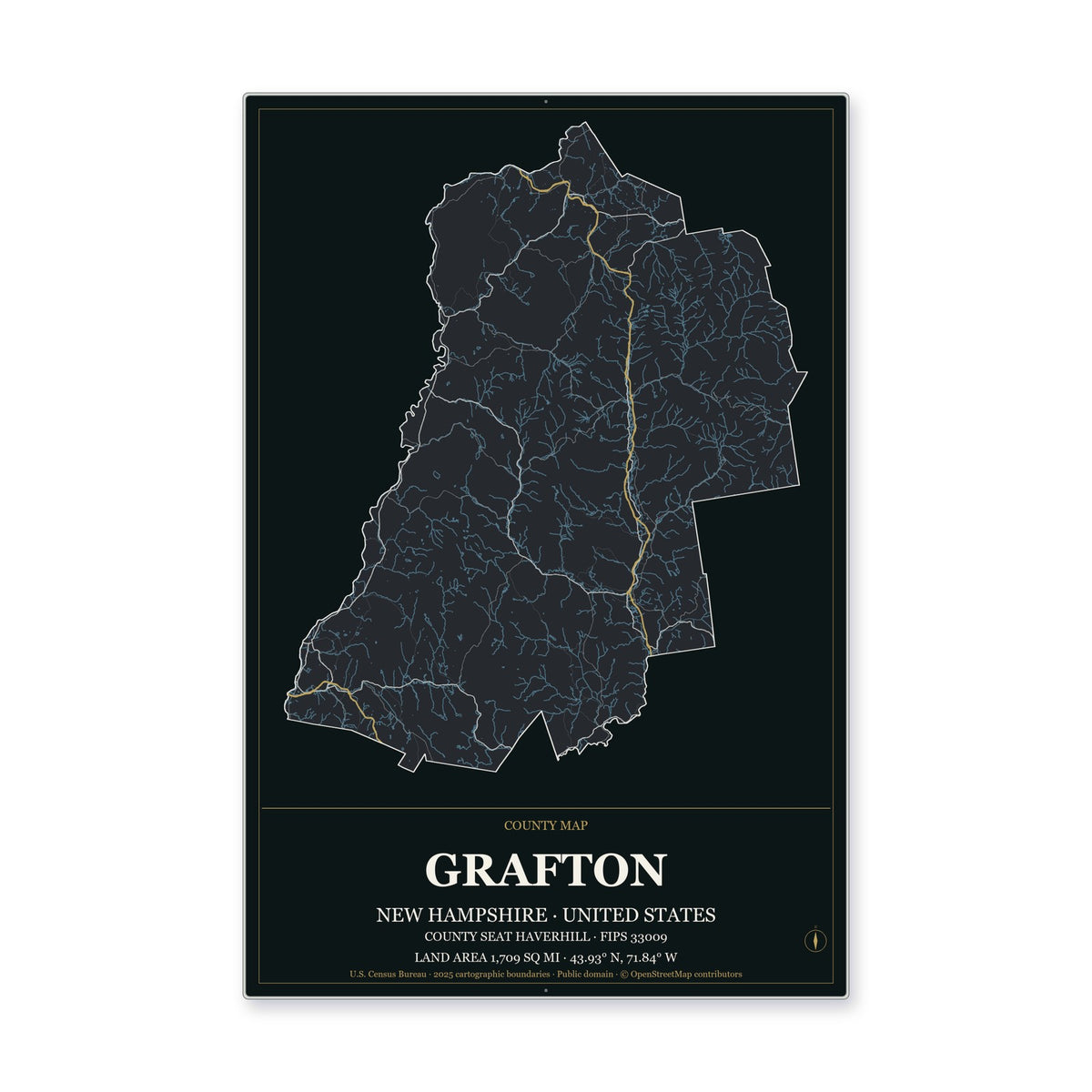 Grafton County, New Hampshire Map Aluminum Sign in Metropolitan Noir style