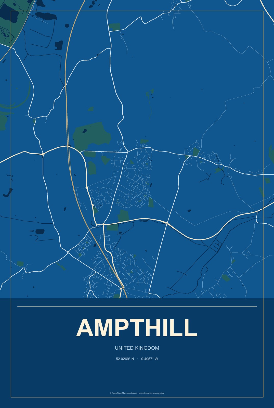 Ampthill, United Kingdom City Map Aluminum Sign in Harbor Cobalt style