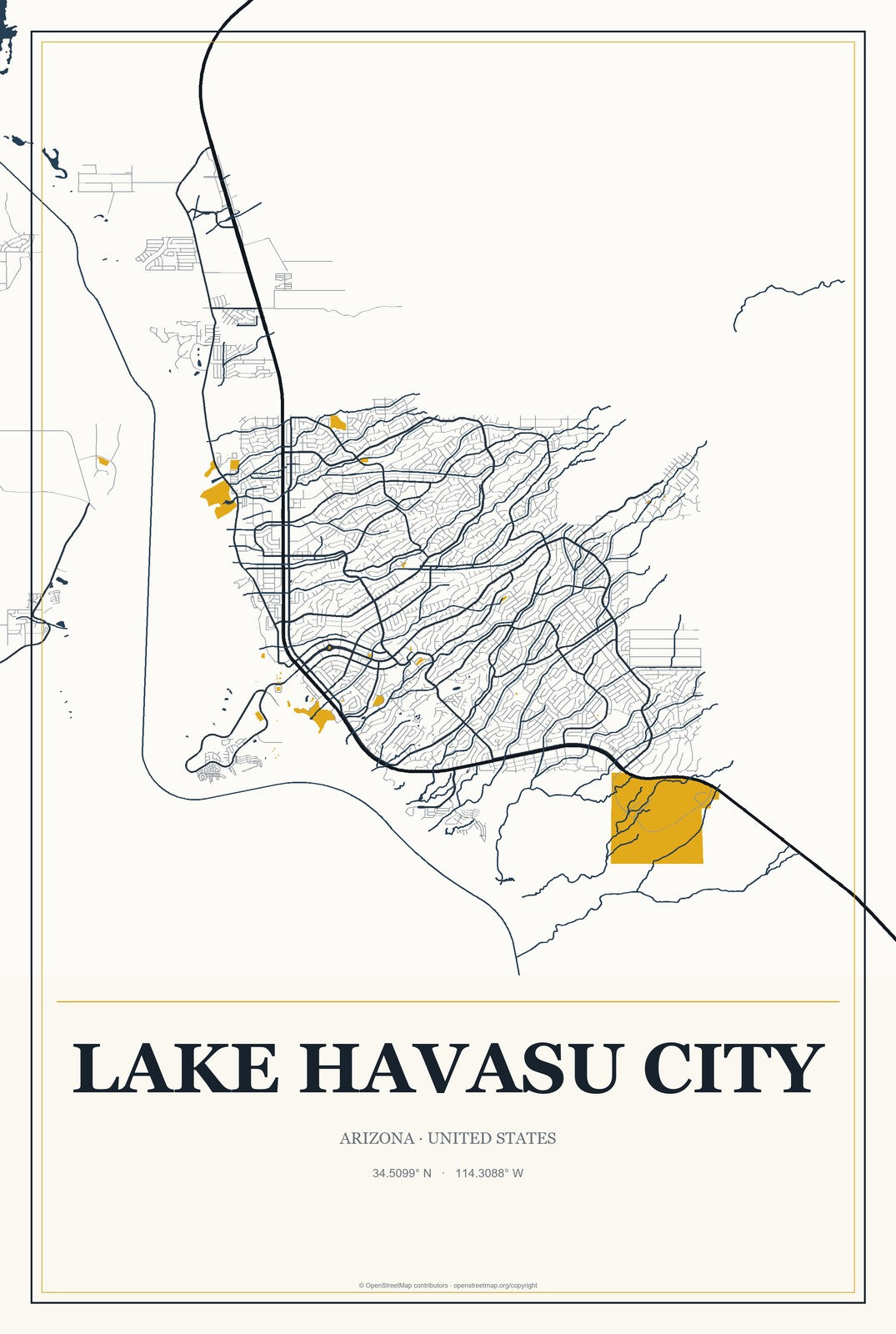 Lake Havasu City, Arizona City Map Aluminum Sign in Citrine Modern style