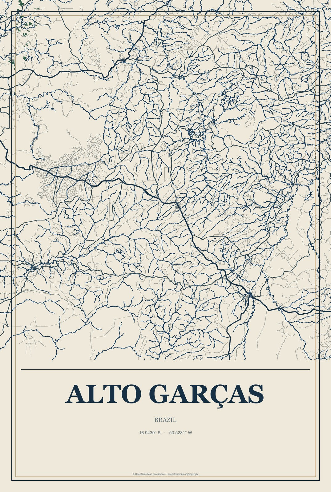 Alto Garças, Brazil City Map Aluminum Sign in Coastal Cutout style