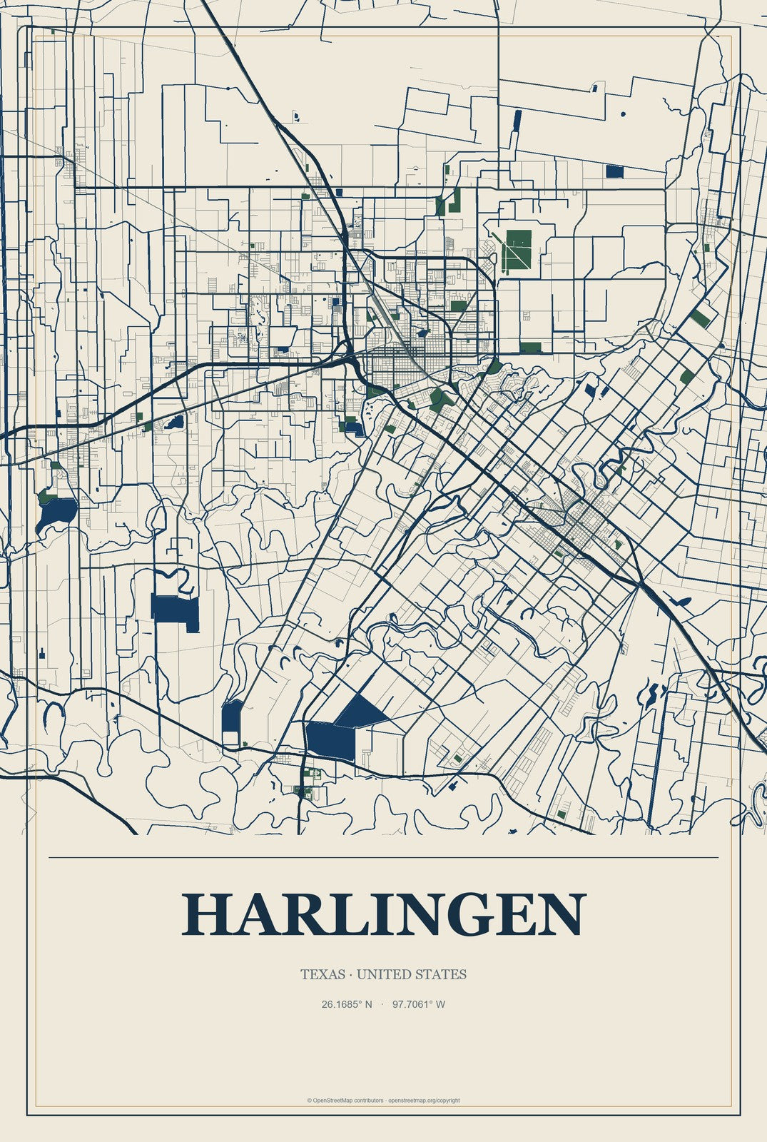 Harlingen, Texas City Map Aluminum Sign in Coastal Cutout style