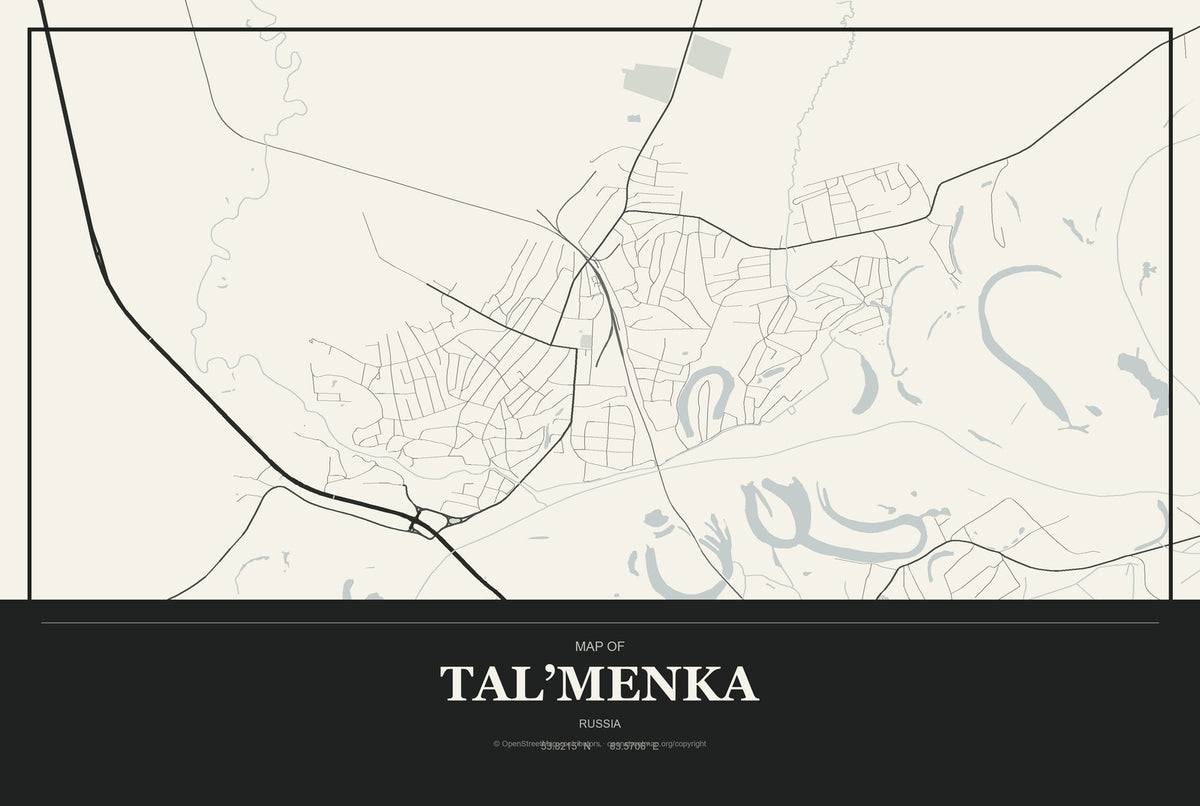 Tal’menka, Russia City Map Aluminum Sign in Museum Plaque style