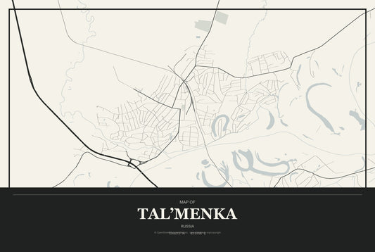 Tal’menka, Russia City Map Aluminum Sign in Museum Plaque style