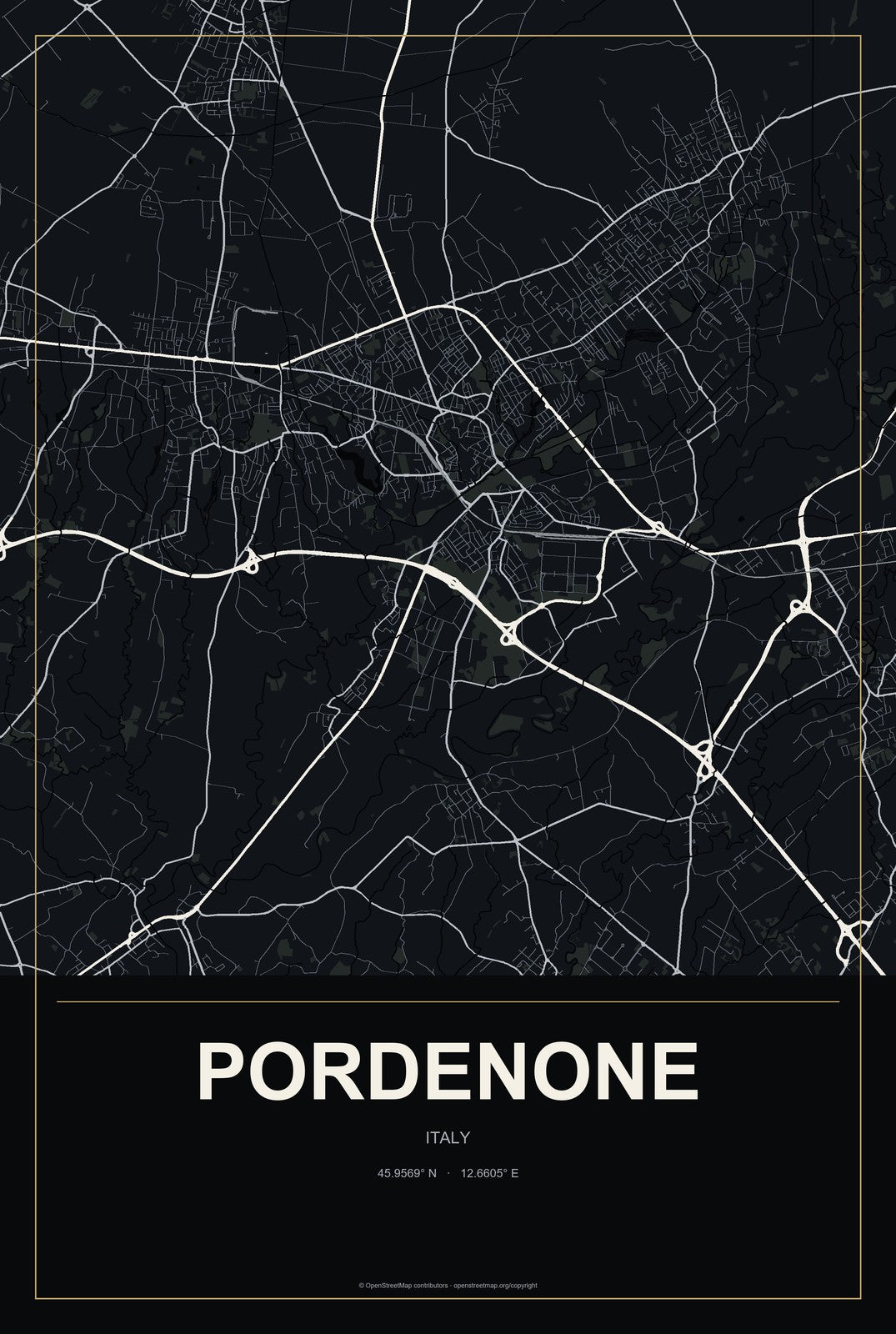Pordenone, Italy City Map Aluminum Sign in Metropolitan Noir style