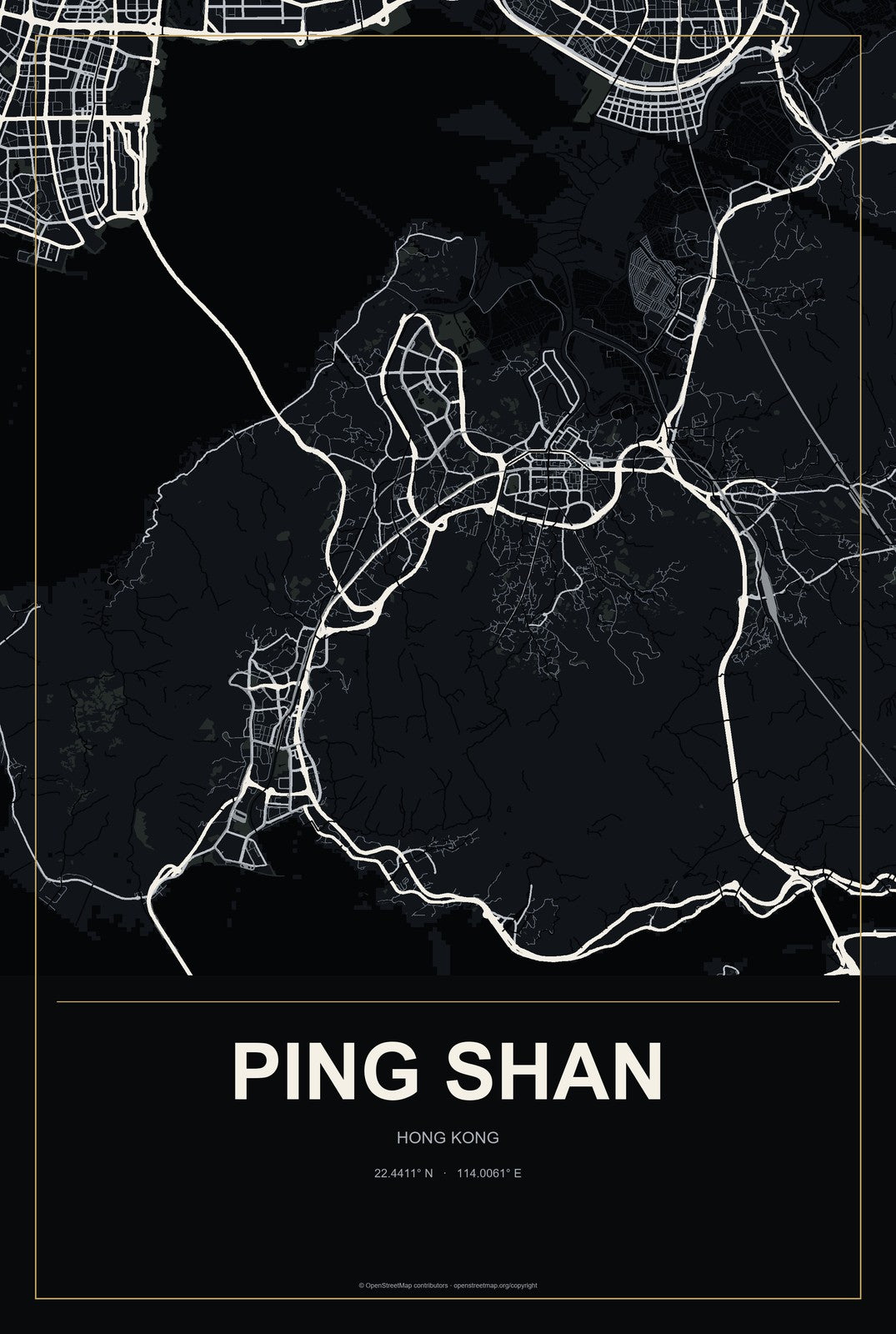 Ping Shan, Hong Kong City Map Aluminum Sign in Metropolitan Noir style