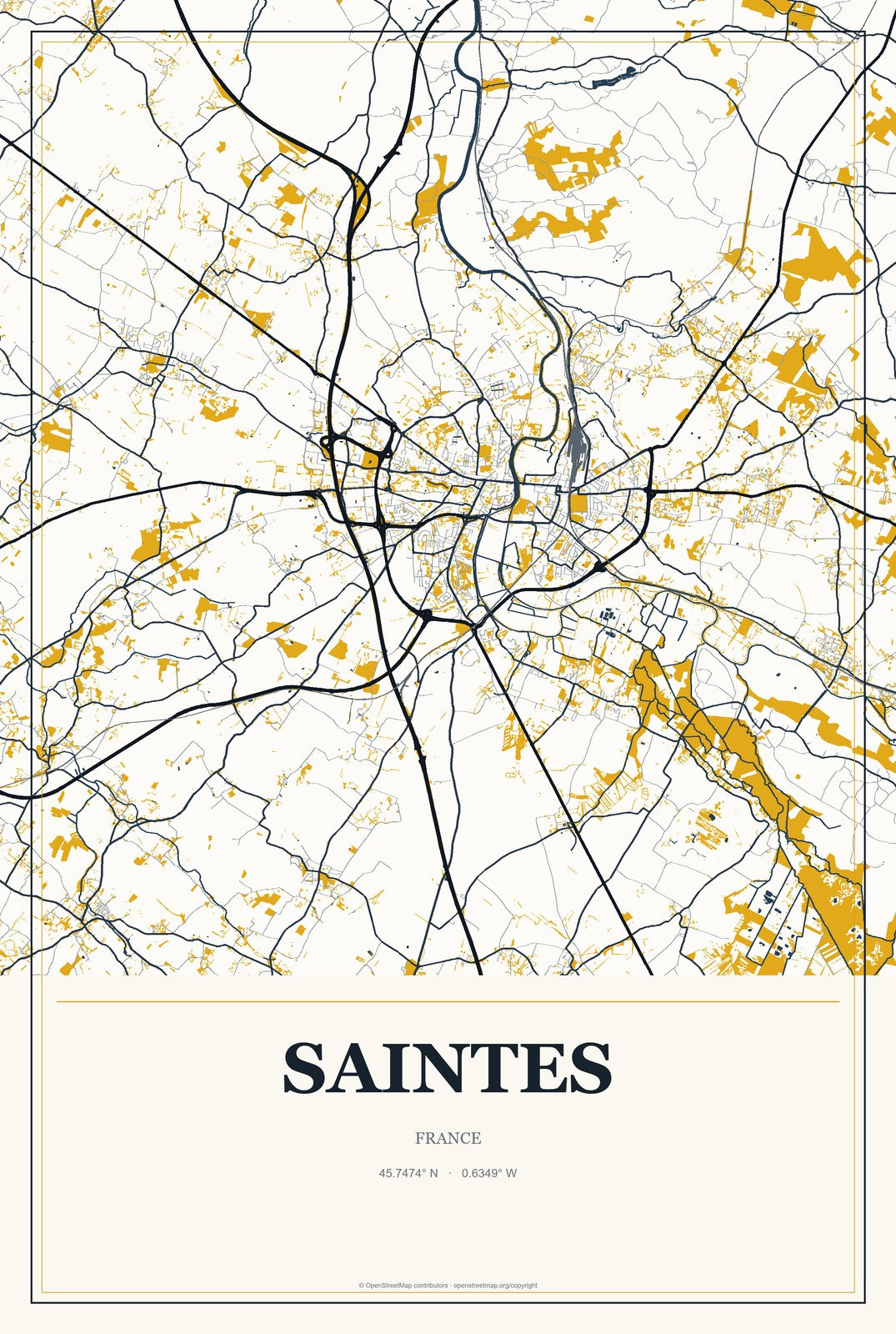 Saintes, France City Map Aluminum Sign in Citrine Modern style