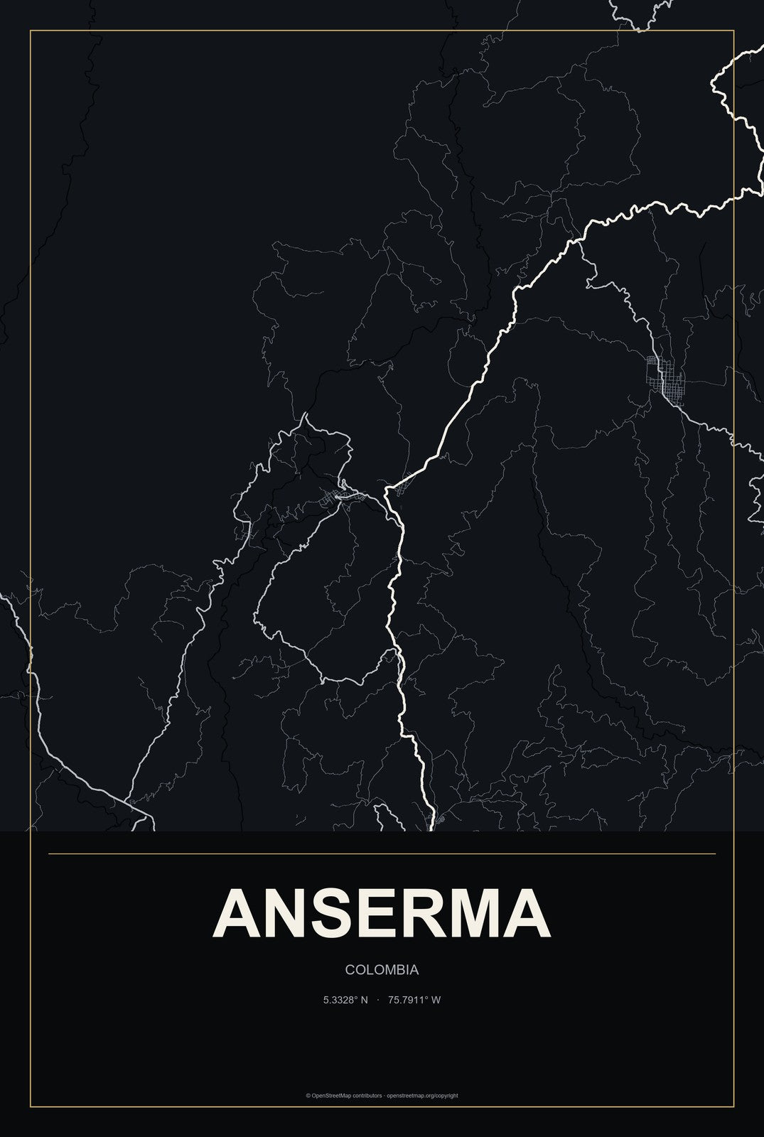 Anserma, Colombia City Map Aluminum Sign in Metropolitan Noir style