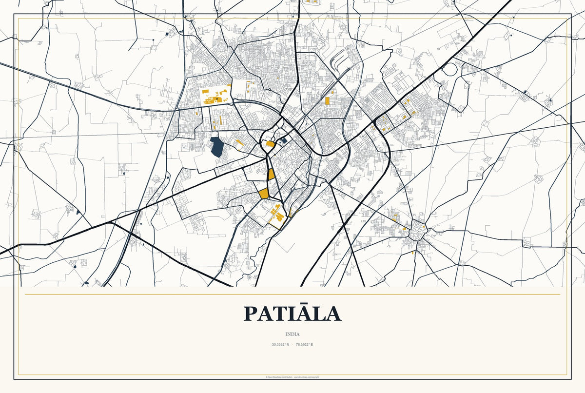Patiāla, India City Map Aluminum Sign in Citrine Modern style