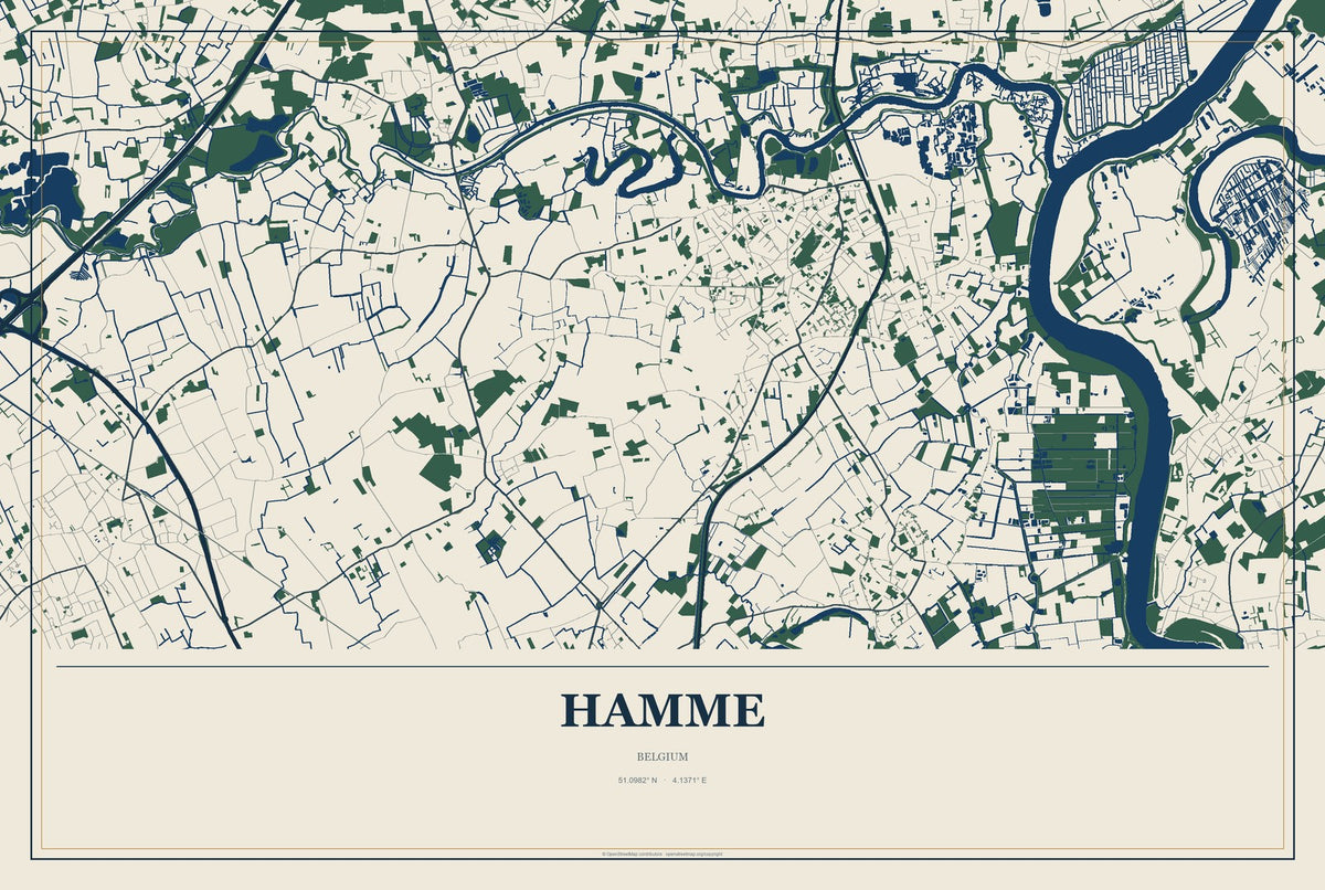 Hamme, Belgium City Map Aluminum Sign in Coastal Cutout style