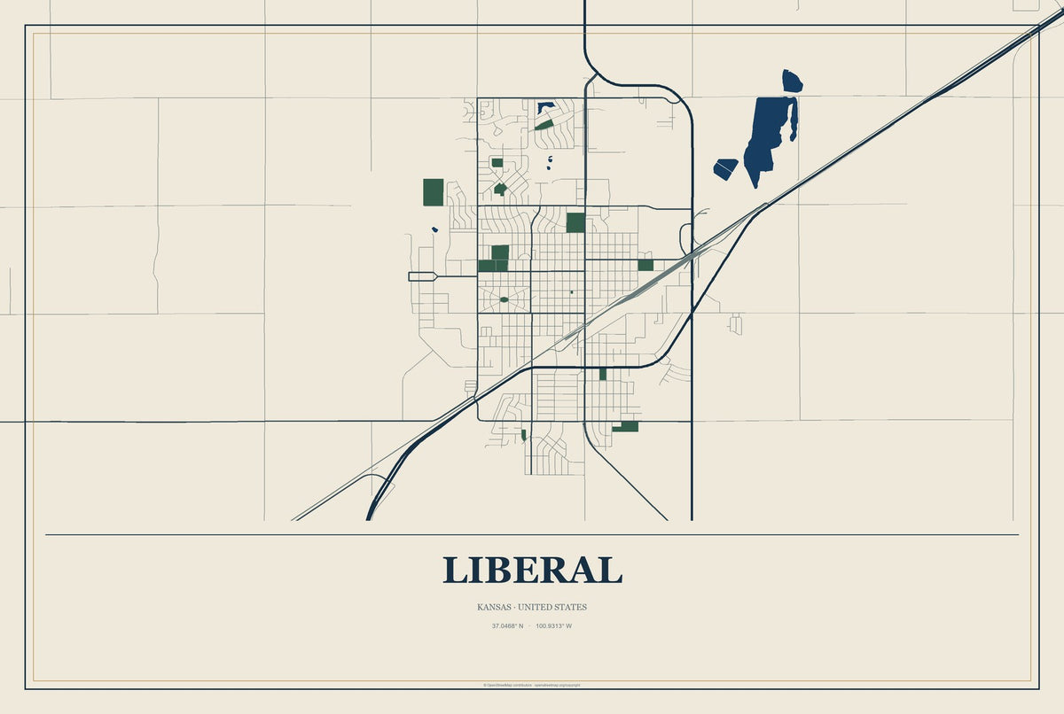 Liberal, Kansas City Map Aluminum Sign in Coastal Cutout style