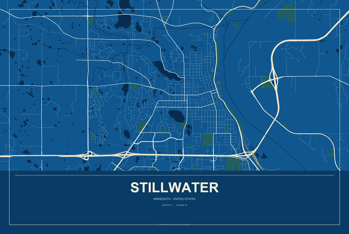 Stillwater, Minnesota City Map Aluminum Sign in Harbor Cobalt style