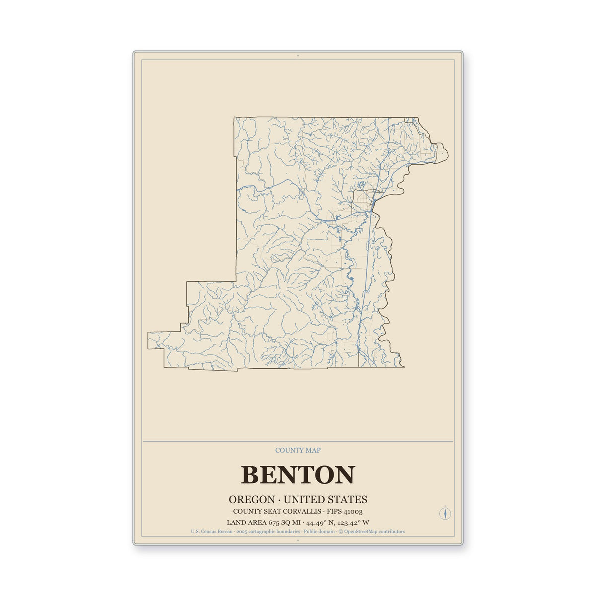 Benton County, Oregon Map Aluminum Sign in Heritage Nautical style