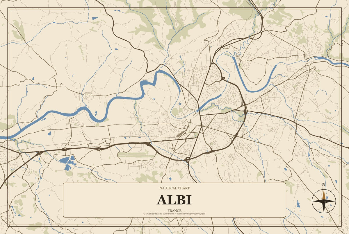 Albi, France City Map Aluminum Sign in Heritage Nautical style