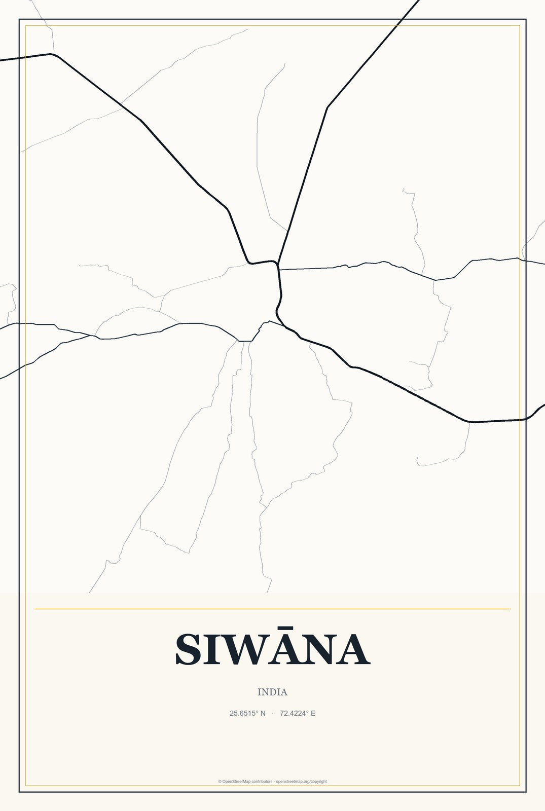 Siwāna, India City Map Aluminum Sign in Citrine Modern style