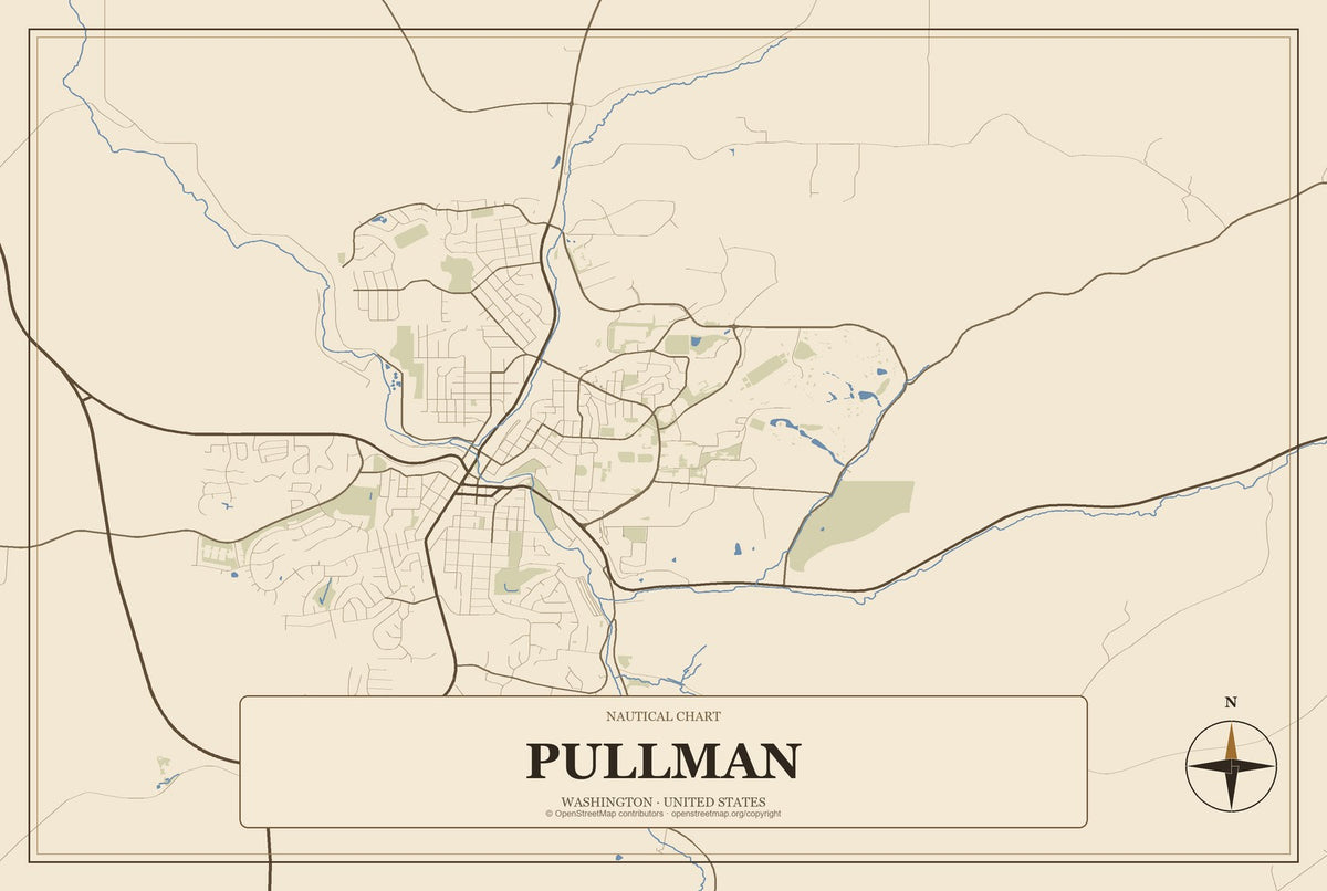 Pullman, Washington City Map Aluminum Sign in Heritage Nautical style
