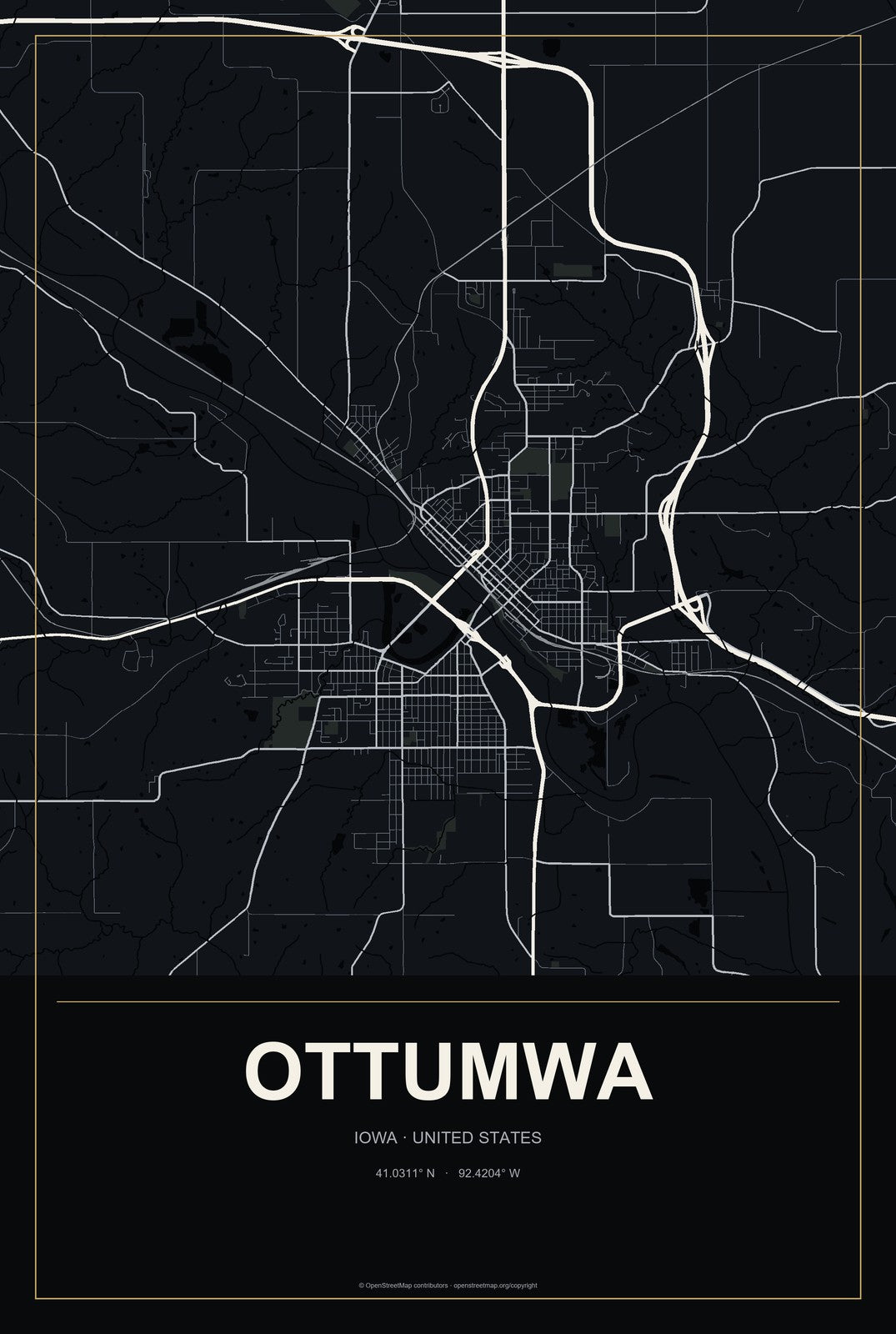 Ottumwa, Iowa City Map Aluminum Sign in Metropolitan Noir style
