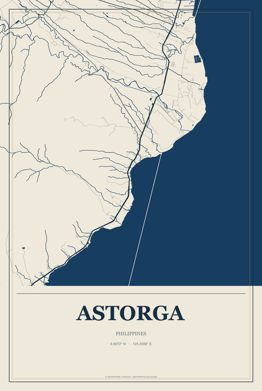 Astorga, Philippines City Map Aluminum Sign in Coastal Cutout style