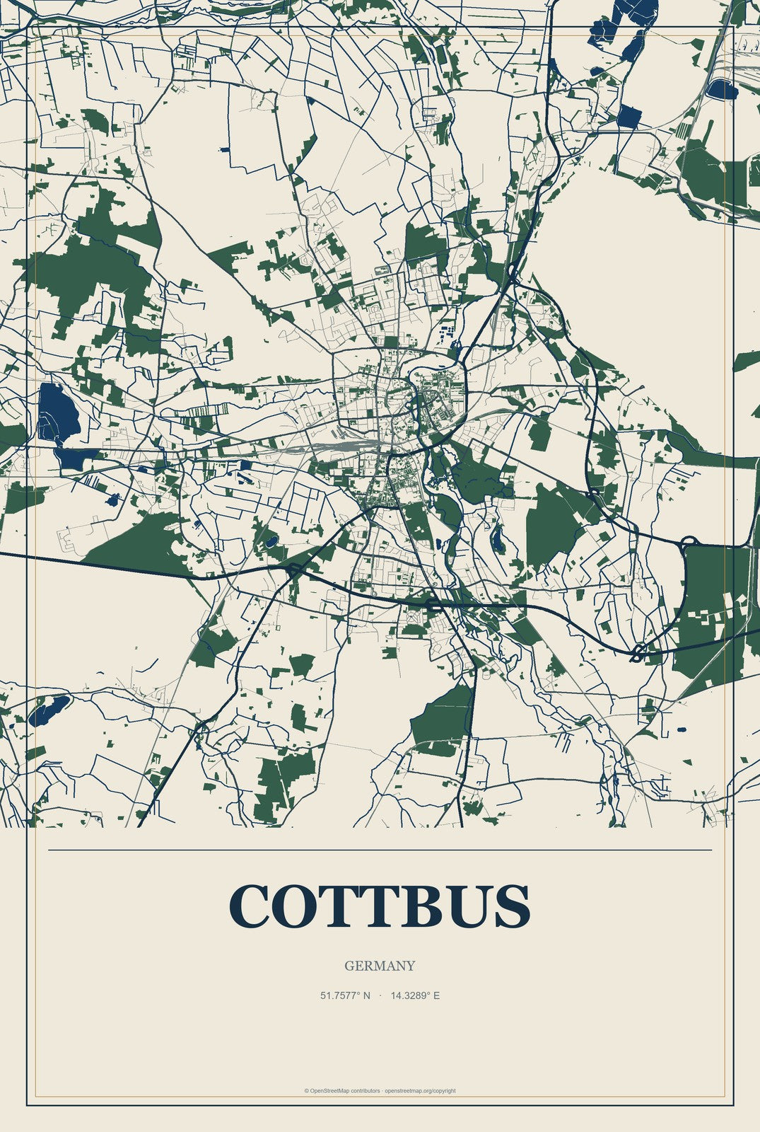 Cottbus, Germany City Map Aluminum Sign in Coastal Cutout style
