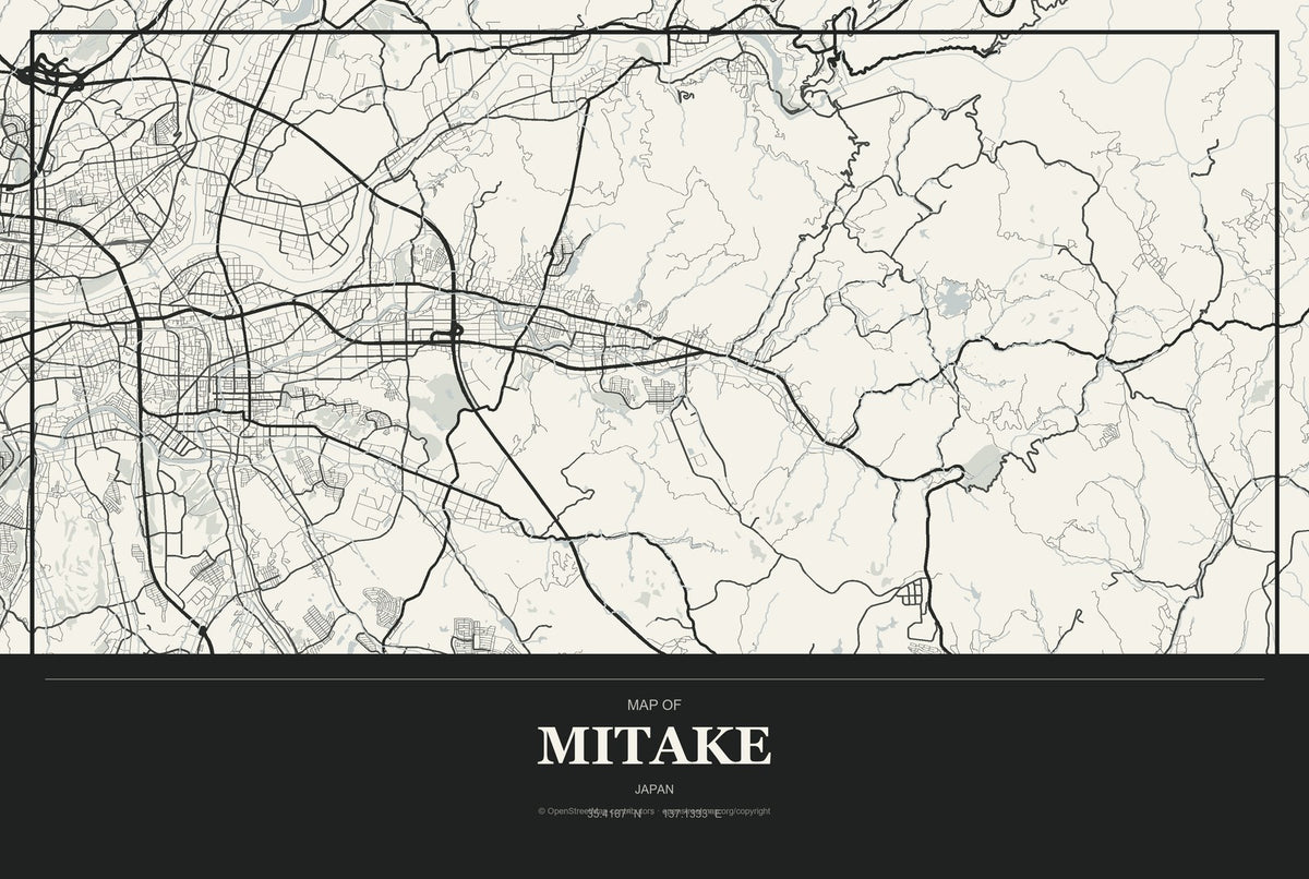 Mitake, Japan City Map Aluminum Sign in Museum Plaque style