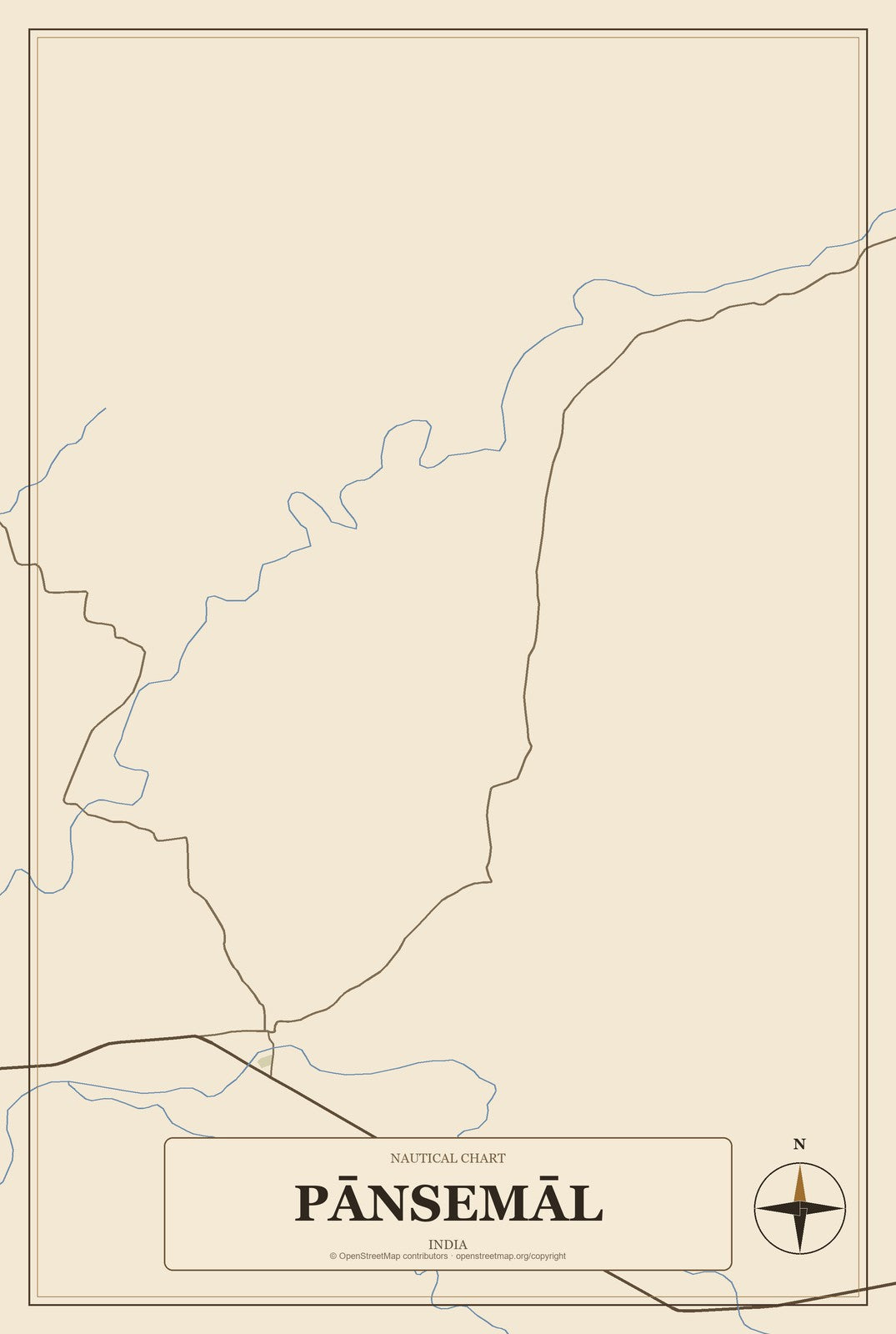 Pānsemāl, India City Map Aluminum Sign in Heritage Nautical style