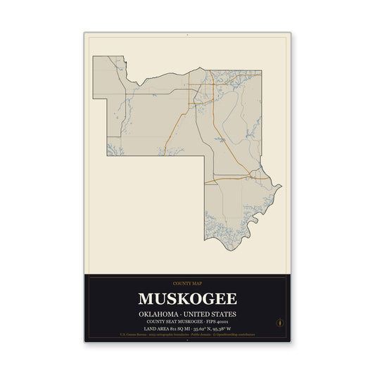 Muskogee County, Oklahoma Map Aluminum Sign in Museum Plaque style