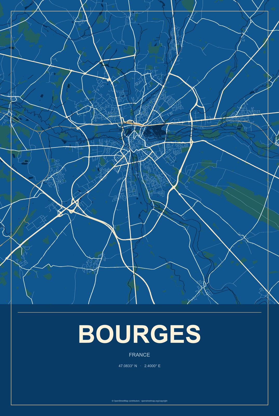 Bourges, France City Map Aluminum Sign in Harbor Cobalt style