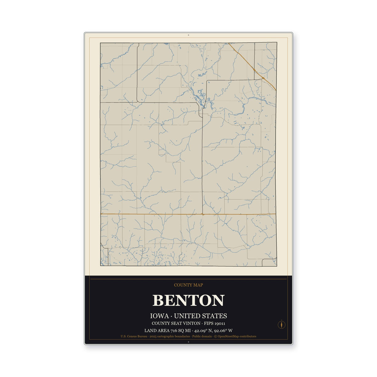 Benton County, Iowa Map Aluminum Sign in Museum Plaque style