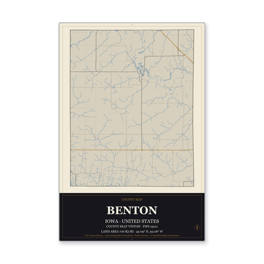 Benton County, Iowa Map Aluminum Sign in Museum Plaque style