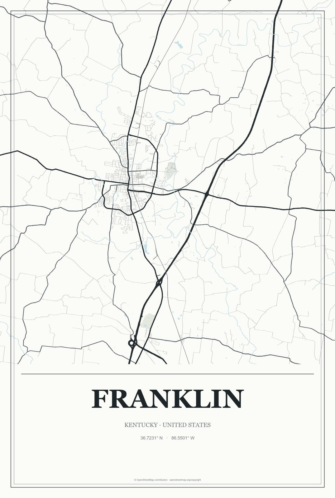 Franklin, Kentucky City Map Aluminum Sign in Gallery Air style