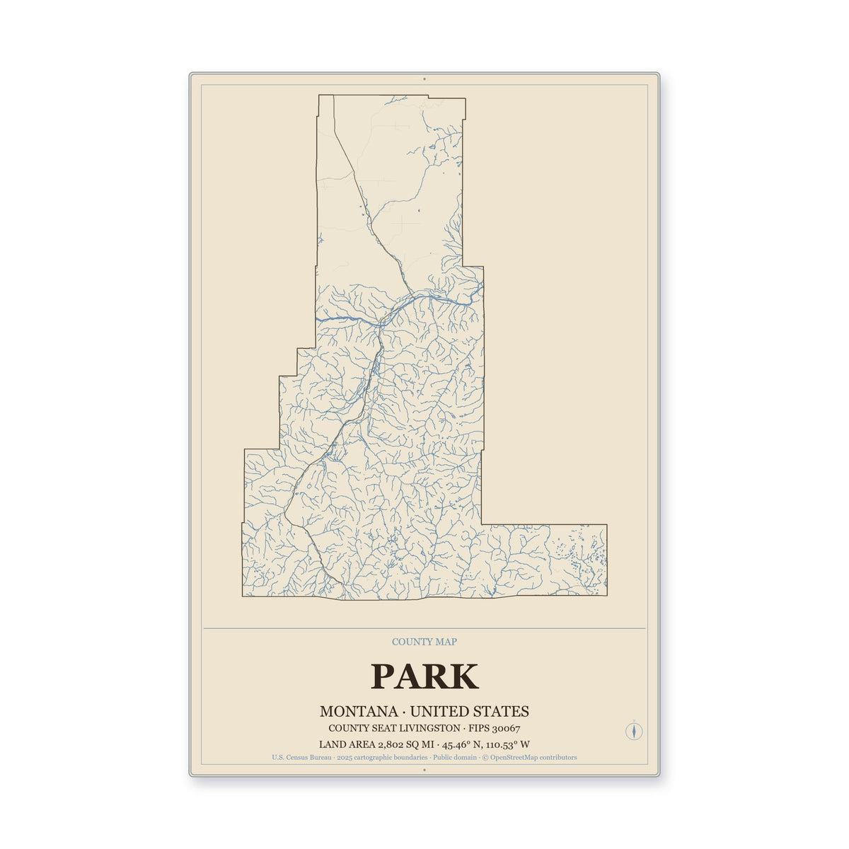 Park County, Montana Map Aluminum Sign in Heritage Nautical style