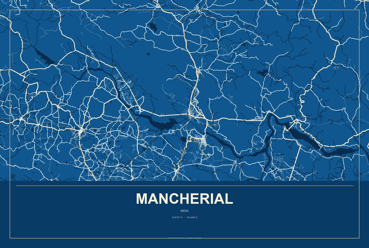 Mancherial, India City Map Aluminum Sign in Harbor Cobalt style