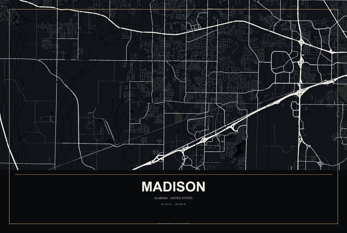 Madison, Alabama City Map Aluminum Sign in Metropolitan Noir style