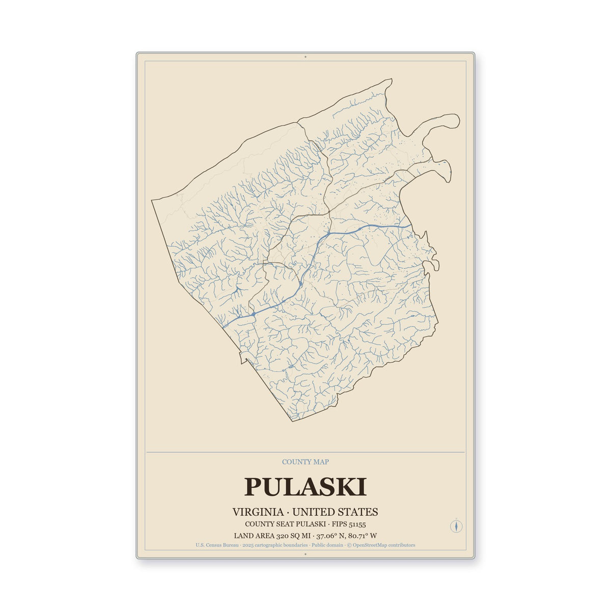 Pulaski County, Virginia Map Aluminum Sign in Heritage Nautical style